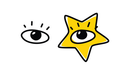 Illustration of human eyes. Vector. The look is directed to the viewer. An image of a pop star. Yellow star as a make-up on the face. Fashionable image for t-shirt.