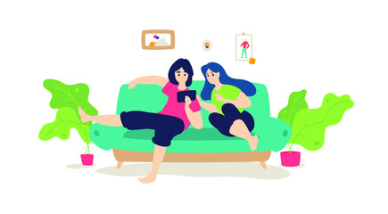 A married couple is resting on the sofa. Vector. Flat cartoon style. Music lessons. The guy with the girl surfing the Internet while sitting at home. Shopping online. Chatting with friends. Banner, po