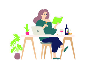 Fototapeta premium Cute girl resting at the computer at home. Vector. A young lady drinks wine and cheese tasting. Reads a book, engaged in self-education. Illustration for the magazine. Internet banner.