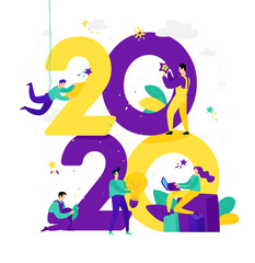 Illustration for the New Year 2020.  People work around numbers. Businessmen celebrate Christmas. Employees in the office are going to celebrate. Flat style. Illustration for the calendar and site.