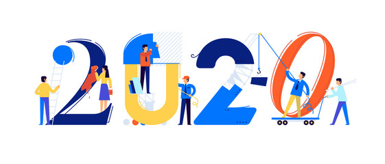 Office staff are preparing to meet the new year 2020.  Cartoon characters repair the numbers. Image is isolated on white background. Flat illustration for banner and site.
