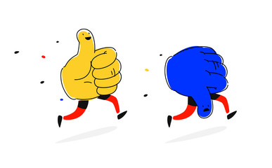 Running characters Like and Dislike.  Flat style. Cute heroes, mascots of companies. Icons for social networks. Thumb up and thumb down. Positive and negative.