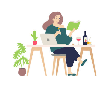 Cute Girl Resting At The Computer At Home.  A Young Lady Drinks Wine And Cheese Tasting. Reads A Book, Engaged In Self-education. Illustration For The Magazine. Internet Banner.