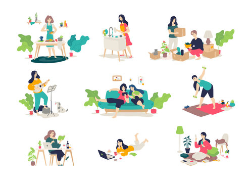 Illustrations of girls and boys engaged in household chores. Young people relax, play the guitar, cook, sit on the Internet. Relocation, delivery of things. Illustrations for the magazine. Gymnastics.