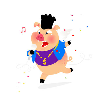 Illustration of a pig with a microphone. Hip-hop performer of popular songs in a pig costume. Mascot for music club, cafe, karaoke. Bright cartoon image. Character to pack and site.