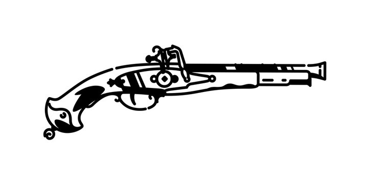 Illustration of a musket pistol.  Black and white contour graphic drawing. Tattoo. Decorative vintage element for design.