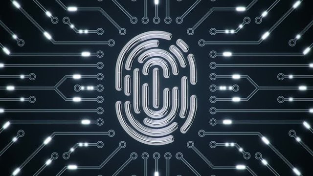 Abstract background with animation of symbol fingerprint from glass on backdrop of glowing circuit.