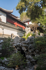 Small courtyard with tree planting in Yu or Yuyuan Garden in  the old city of Shanghai
