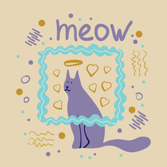 Vector concept  with cute cat  in soft colors on a beige background, great for polygraphy or textile design.Flat,hand drawn