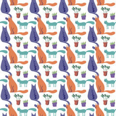 Vector seamless pattern with cute cats in soft colors on a white background, great for polygraphy or textile design.Flat,hand drawn