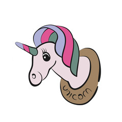 Vector cartoon cute pink color unicorn head with smile on the wall. Сhildren hand drawing beauty animal on white background. Magic horse for child coloring book page. Black humor