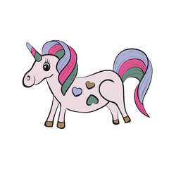 Vector cartoon cute pink color unicorn with smile. Сhildren hand drawing beauty animal on white background. Magic horse with hearts for child coloring book page.