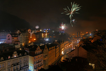 Fototapeta na wymiar New Year 2019 fireworks celebration, Karlovy Vary, Czech Republic
