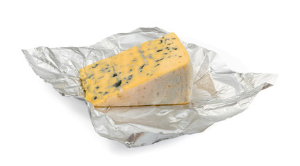 Piece of Blue Cheese on White Background Close Up