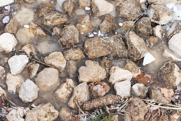 Rocks and ice in the frozen lake