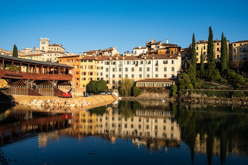 Obraz premium View of Bassano del Grappa, in Italy, from the river beside the castle