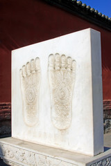 Buddha footprint on white marble stone in the Dazhao Lamasery, Hohhot city, Inner Mongolia autonomous region, China