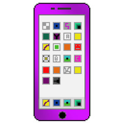 Pixel 8 bit drawn purple cell phone with generic apps on the screen