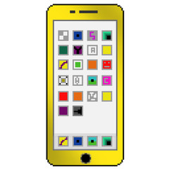 Pixel 8 bit drawn yellow cell phone with generic apps on the screen