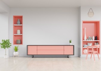 Cabinet TV in modern living room with chair,Wall shelf and plant on white wall background. living coral color of the Year 2019,3d rendering. 