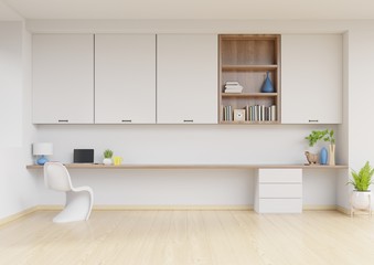 Working interior with white wall empty room,minimal design,3d rendering 
