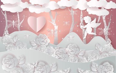 Happy Valentine's Day  -Heart and cupid with flower in paper cut styles