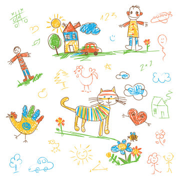 Hand-drawn kids doodle. Set. Funny character