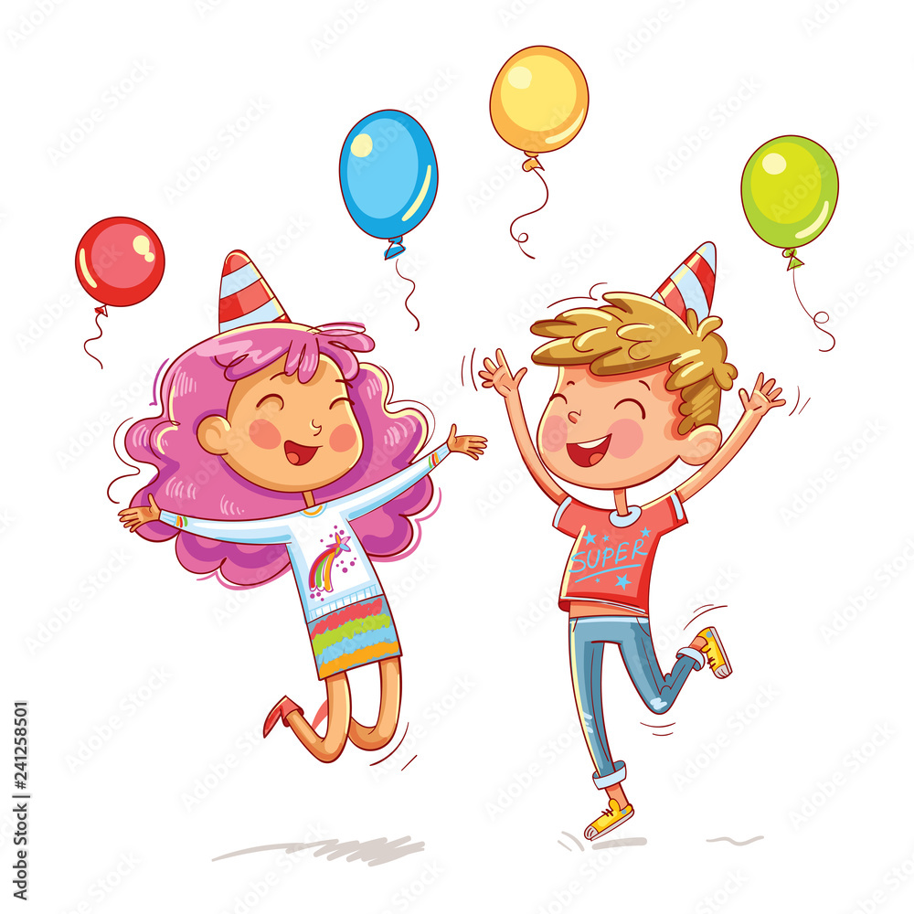 Wall mural boy and girl jumping fun at a children's birthday party