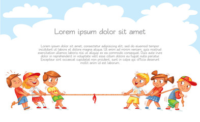 Children pull the rope. Kids playing tug of war