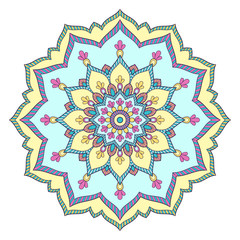 Decorative colorful ethnic mandala pattern. Design element for greeting card, banner or poster in oriental style. Hand drawn illustration