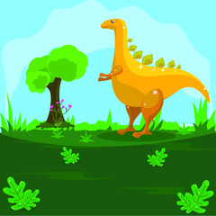 Illustration of a yellow dinosaur on a green land with a blue sky background