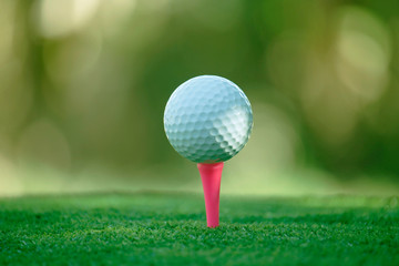 Golf ball on tee in beautiful golf course at bokeh background. Golf ball on green in golf course