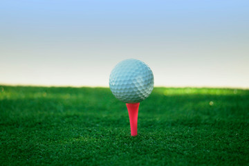 Golf ball on tee in beautiful golf course at bokeh background. Golf ball on green in golf course