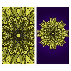 Visit Card Template With Floral Mandala Pattern. Vector Template. Green, purple color