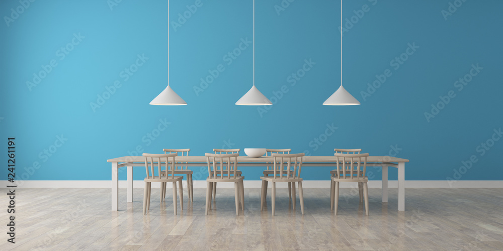 Poster view of blue wall dining room in scandinavian style with wood furniture on laminate floor.perspectiv