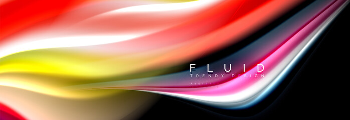 Bright colorful liquid fluid lines on black, modern abstract background