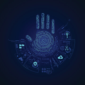 concept of cyber security or biometrics, graphic of futuristic handprint with digital technology icons
