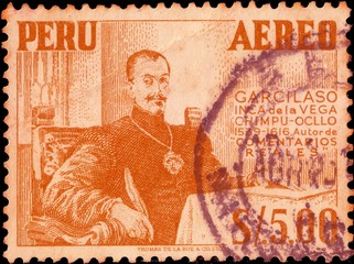 Peru circa 1953: Cancelled postage stamp printed by Peru, that shows Garcilaso de la Vega(1503-1536) Spanish soldier and poet, circa 1953.