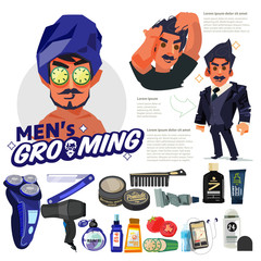 men's grooming concept. handsome grooming man in mask come with skincare and tool. step by step to handsome look. men's trend - vector