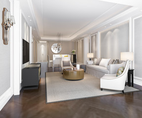 3d rendering luxury and modern living room and dining room