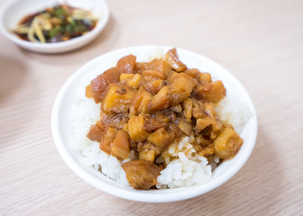 Taiwan famous food - Braised pork over rice. Soy-stewed pork rice, Taiwan Delicacies, Taiwan Street Food