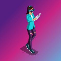Trendy Isometric people and gadgets, a teenager, a young girl, student, uses hi tech technology, phone, pad, play, virtual reality, virtual glasses colored background