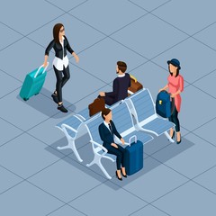 Trendy People Isometric vector 3D businessman, business woman, young woman, at the airport, waiting room, shops, luggage, travel, vacation, passengers