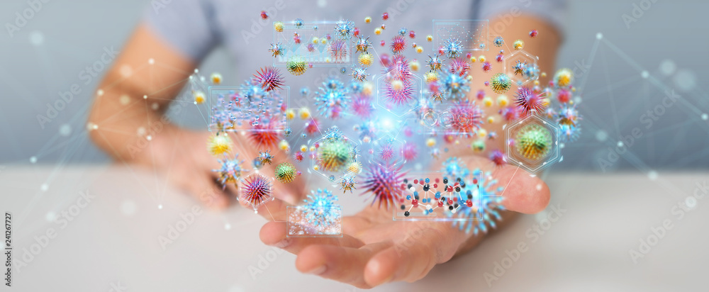 Poster businessman analyzing bacteria microscopic close-up 3d rendering