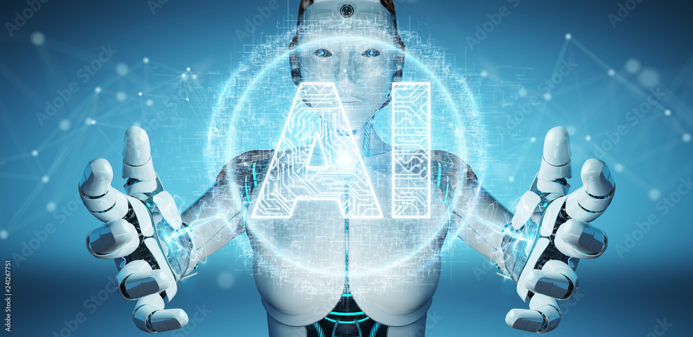 Poster white humanoid woman using digital artificial intelligence icon hologram 3d rendering