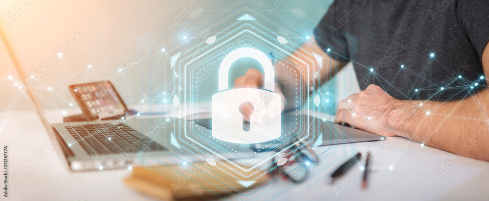 Leinwandbilder graphic designer protecting his datas with security interface 3d rendering