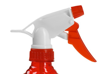 Red cleaner spray closeup. Isolated on white background