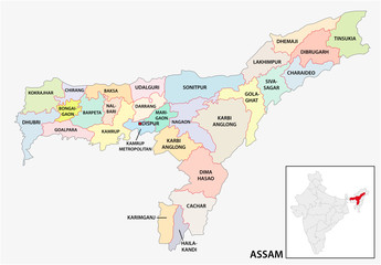administrative and political map of indian state of Assam, india - obrazy, fototapety, plakaty