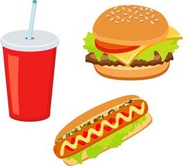 Hamburger, hot dog, cola drink. Takeaway food. Fast food. Raster