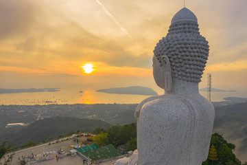 aerial view sunset at Phuket big Buddha viewpoint. Phuket Big Buddha is one of the island most important .and revered landmarks on Phuket island. © Narong Niemhom